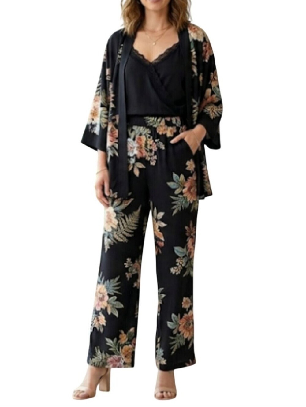 Japna Lounge Black Floral Silky Kimono Wide Pants Camisole Lounge Set Size XL